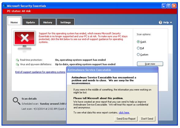 microsoft security essentials definitions connection failed